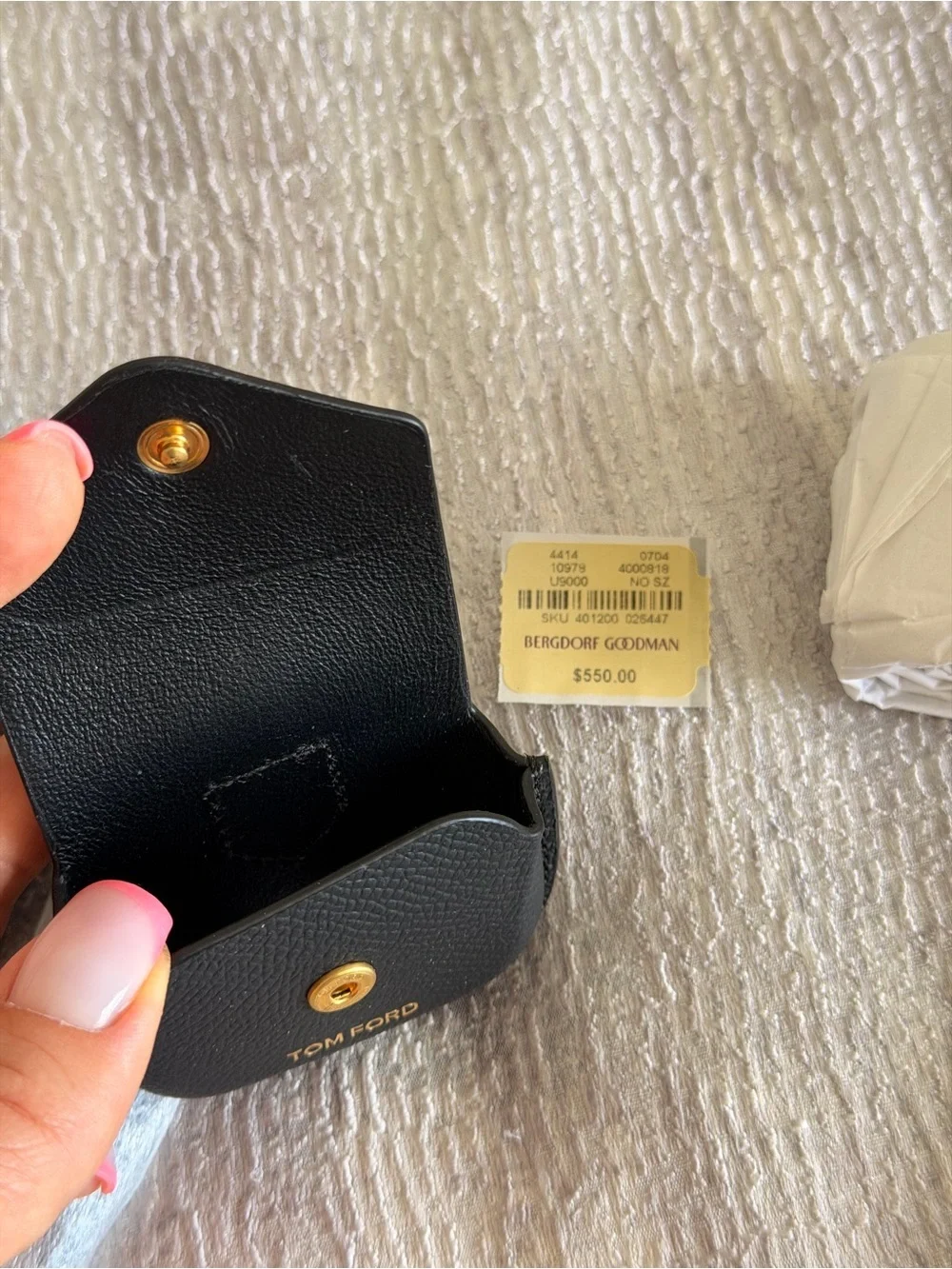 NWT! Tom Ford Black Pebbled Leather Airpod Pouch with Gold Hardware Authentic